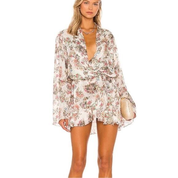 NWT Rococo Sand Ivory Floral Jane Wrap Mini Dress Wrap Beaded Tassel Tie Waist S - Picture 1 of 15